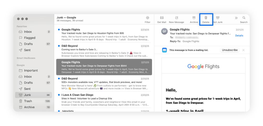 Directions for how to delete spam from Apple Mail.