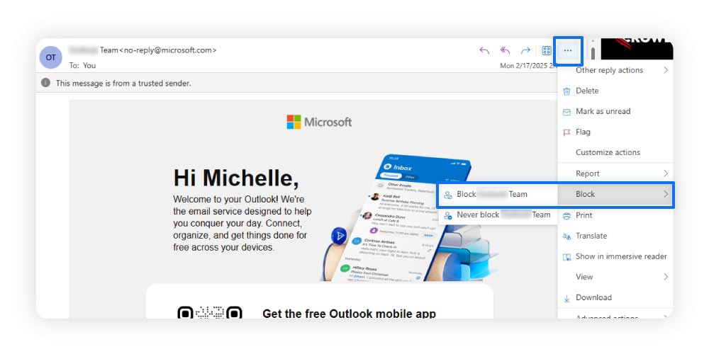 Directions for how to block spam in Microsoft Outlook.