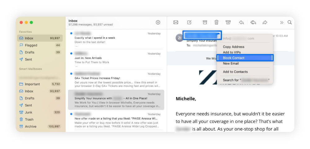 Directions for how to block spam in Apple Mail.