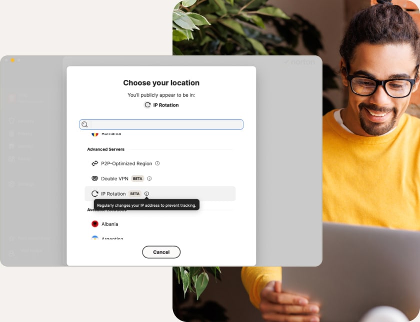 Selecting a server location in the Norton VPN for Mac app.