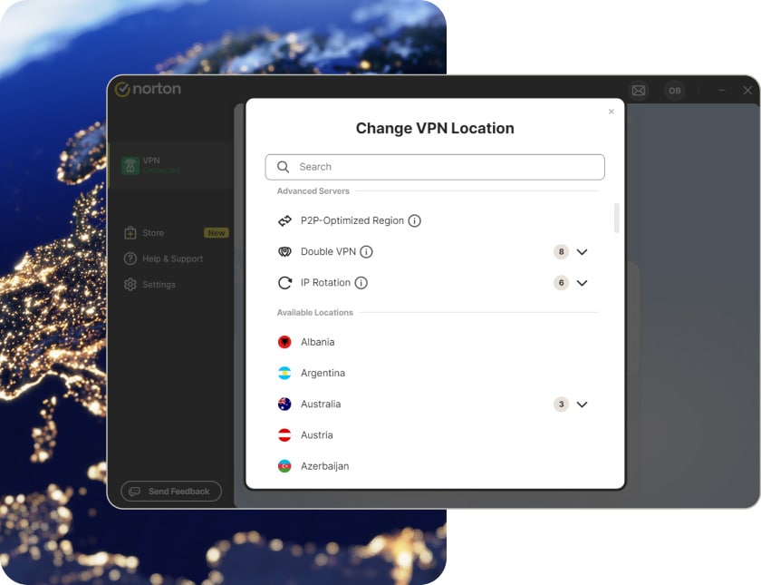Changing VPN location on Norton VPN for PC.