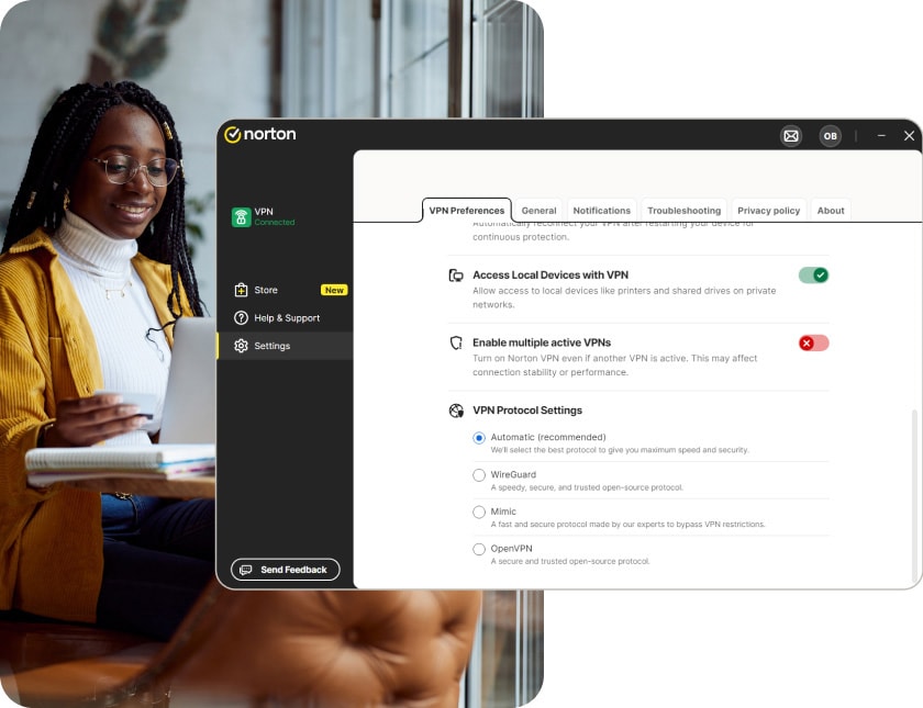 VPN Preferences settings in the Norton VPN for PC application.
