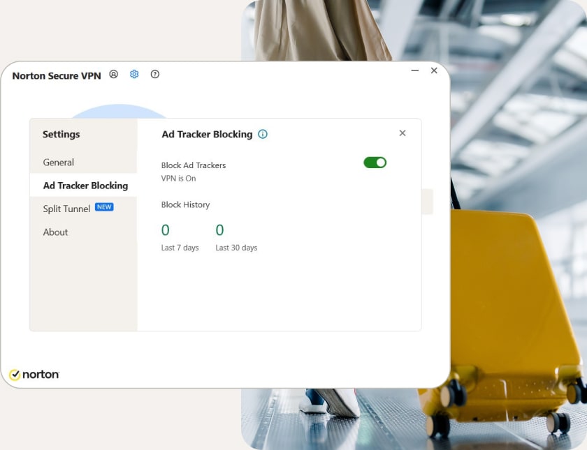 Norton VPN for PC encrypts your traffice, blocks ad tracking, and offers you split tunneling