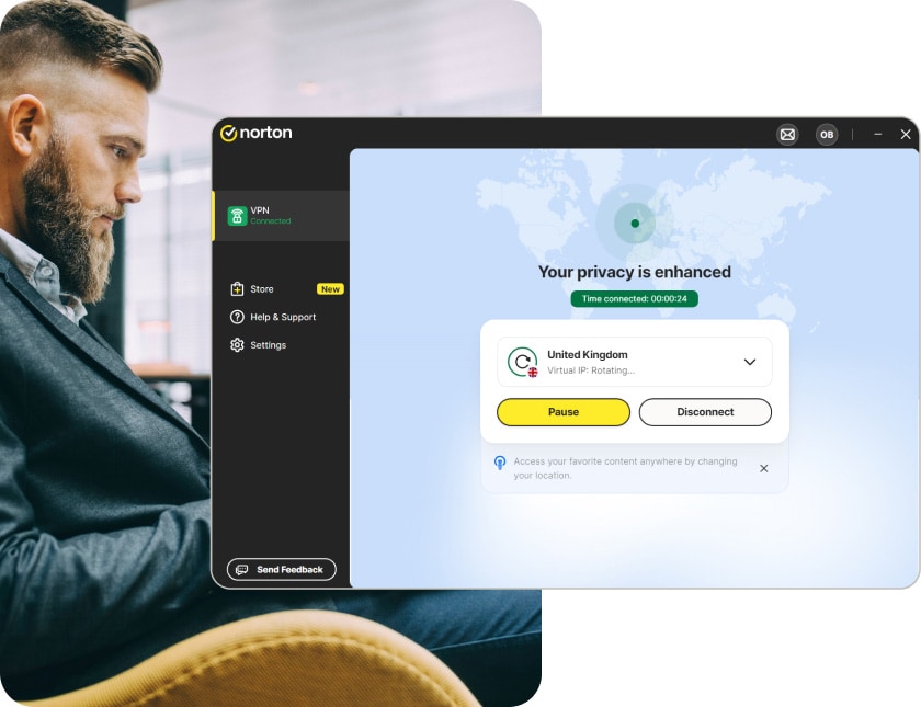 Norton VPN for PC with IP rotation enabled.