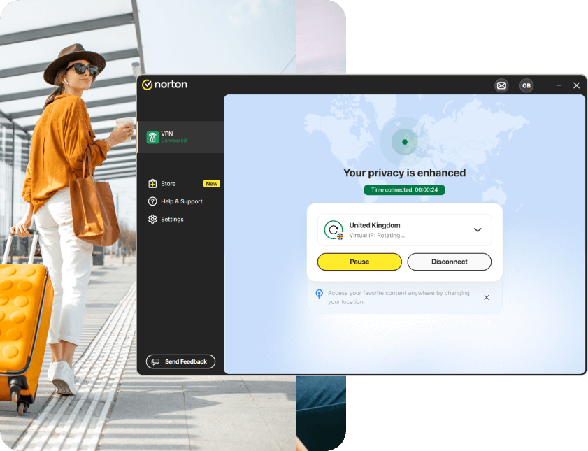 Norton VPN with IP rotation enabled.