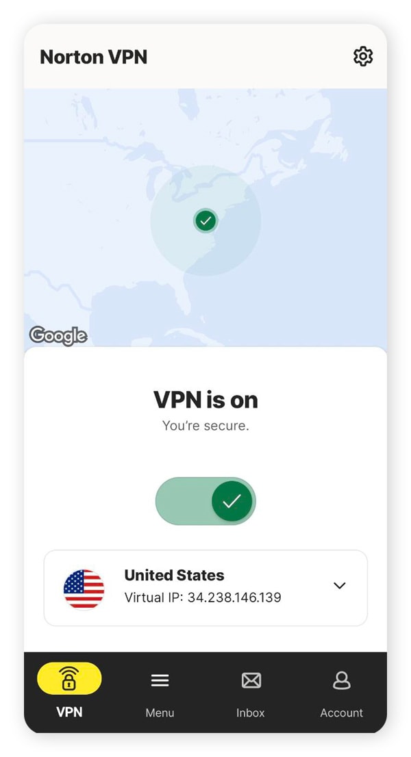 The Norton VPN app on a phone, showing it's connected to a US server location.