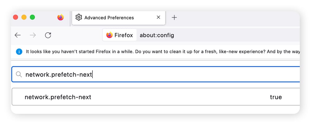 Prefetch settings in the Firefox browser.