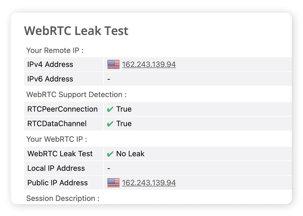 Results of the WebRTC leak test on browserleaks.com.