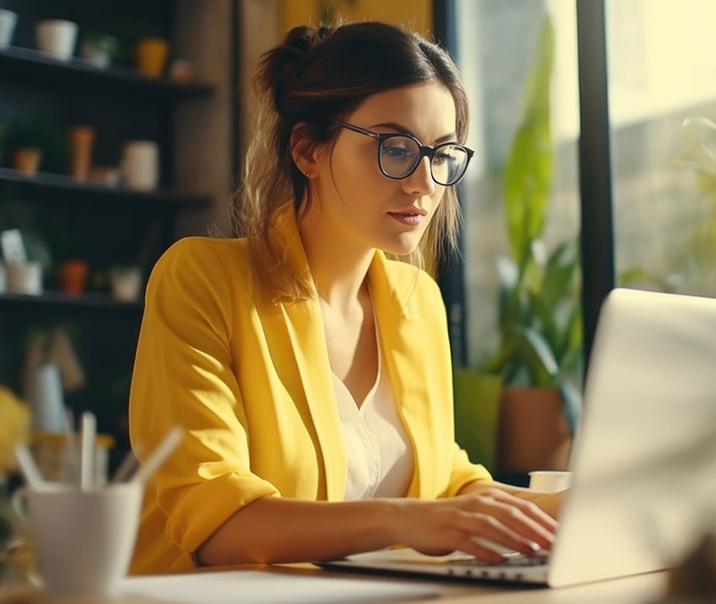 A young woman sitting at a laptop, reading an article about what computer viruses are.