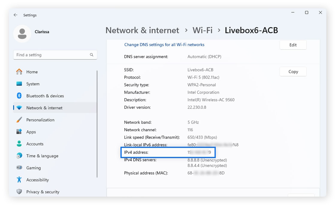 A screenshot showing the IP address on a Windows computer.