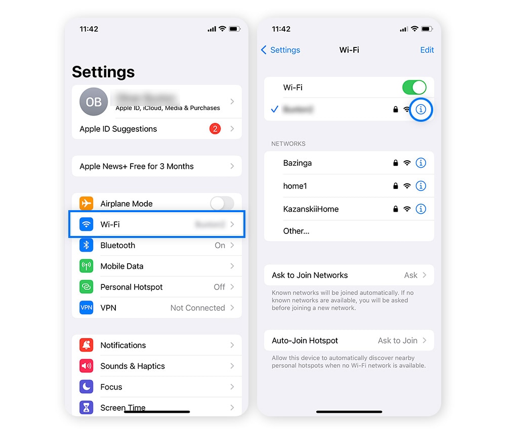 Screenshots showing how to see the IP address on an iPhone.