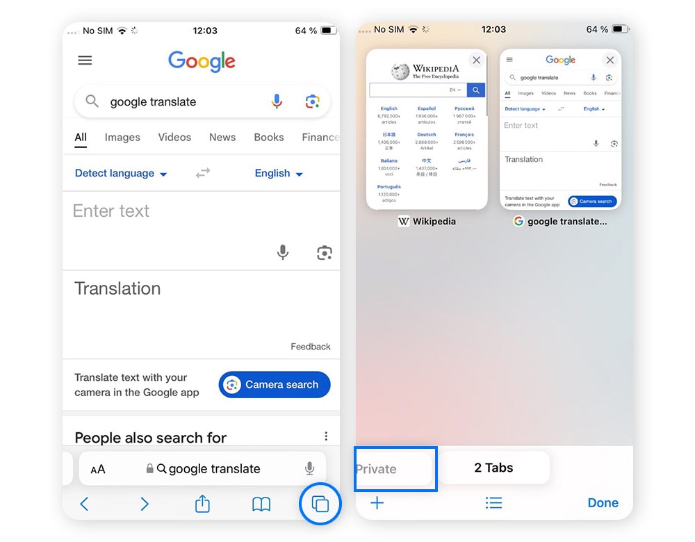 the Private tab button to start browsing privately.