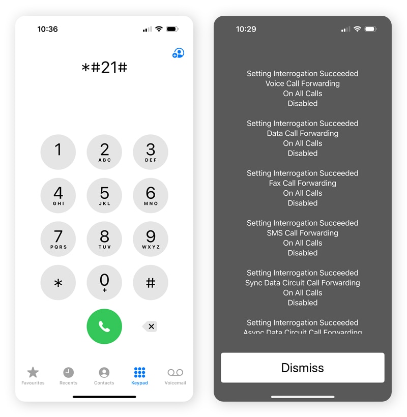 Screenshots showing the display when you dial the *#21# code on an iPhone.